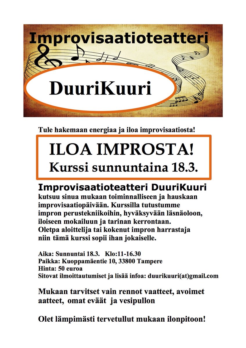 PODESTEcoaching's tweet photo. Improvisaatioteatteri DuuriKuurin  toiminnallinen ja hauska improvisaatiopäivä SU 18.3.
Oletpa aloittelija tai kokenut impron harrastaja 
niin tämä kurssi sopii ihan jokaiselle.
 ilmoittautumiset ja lisää infoa: duurikuuri(at)https://t.co/9mLMa0h3rP https://t.co/p8tVe4FRGz