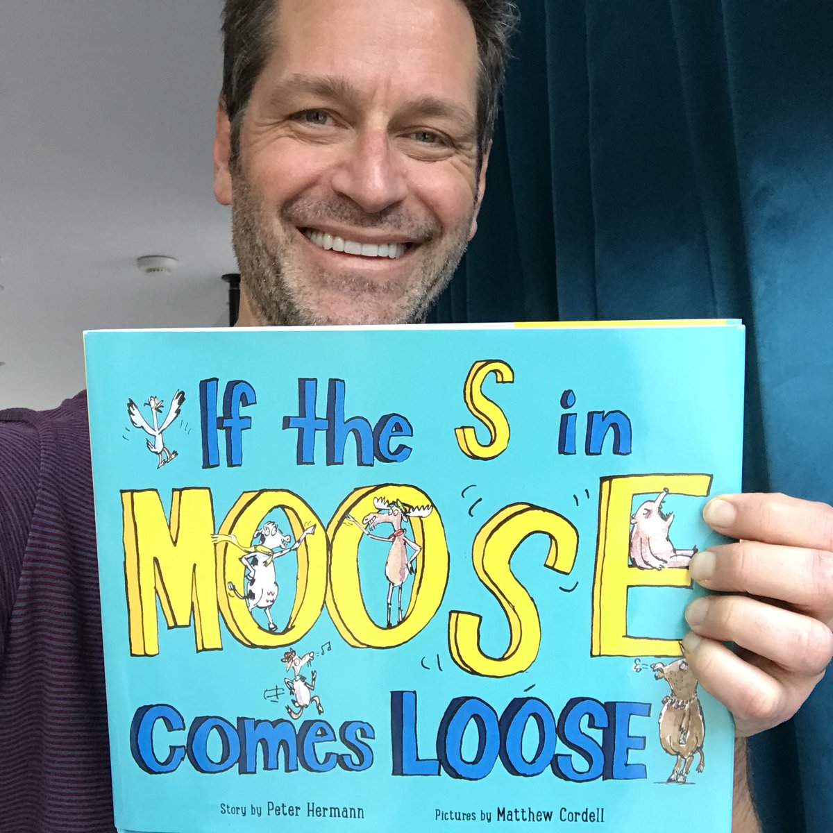 PeterHermann's tweet photo. Ridiculously excited + very proud 2 announce... my 1st book! IF THE S IN MOOSE COMES LOOSE: a madcap spelling romp about just how far a determined COW will go 2 put her best friend MOOSE back 2gether. Hint: very far. Illust. by the gr8 @cordellmatthew ! https://t.co/mCagaZZv8e https://t.co/pJFwTFfPRA