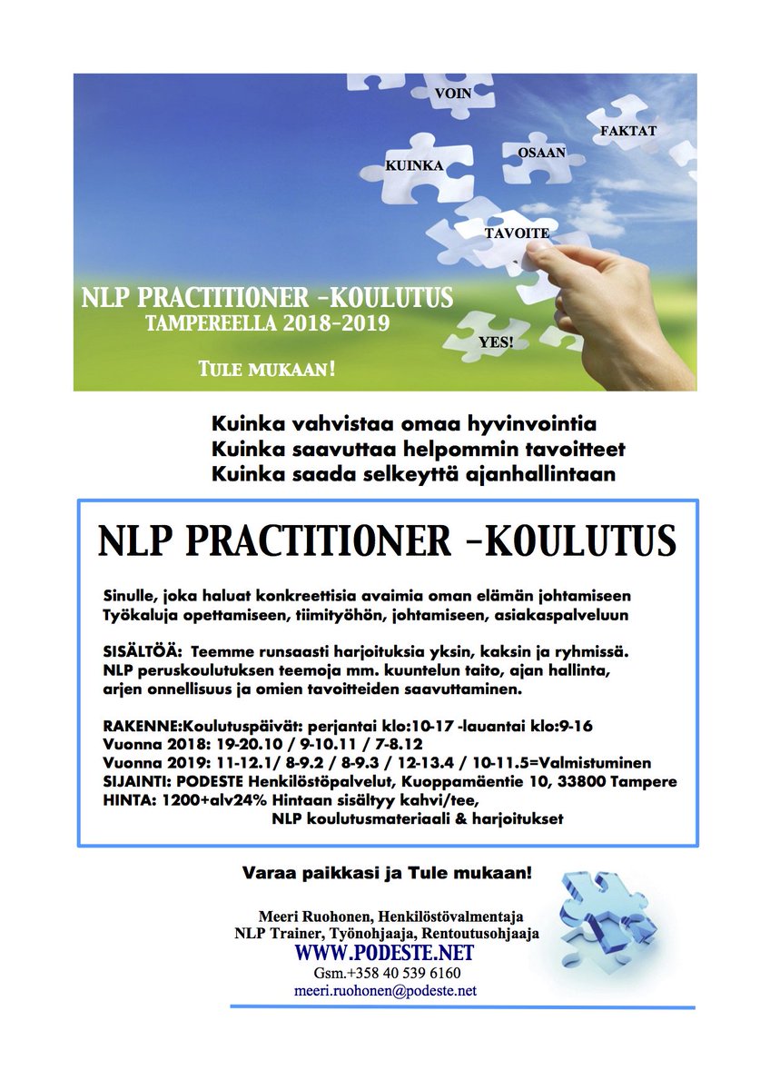 PODESTEcoaching's tweet photo. KUINKA vahvistaa omaa hyvinvointia?
 NLP PRACTITIONER -KOULUTUS 
Tampereella 19.10.2018-11.5.2019 Varaa paikkasi ja Tule mukaan!
https://t.co/9Hw75NRuRh
Meeri Ruohonen
NLP Trainer, CSLE, Työnohjaaja
meeri.ruohonen@podeste.net
Gsm.+358 40 539 6160 https://t.co/P8lFasTW83