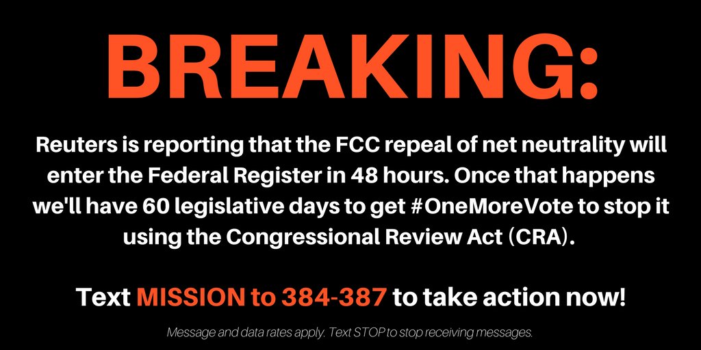fightfortheftr's tweet image. URGENT: the clock is ticking for us to find #OneMoreVote to save #NetNeutrality and stop ISPs from charging us all outrageous fees to access a watered down Internet. Internet-wide protest on Tuesday! battleforthenet.com/onemorevote

Retweet!
Retweet!
Retweet!
Retweet!
Retweet!
Retweet!