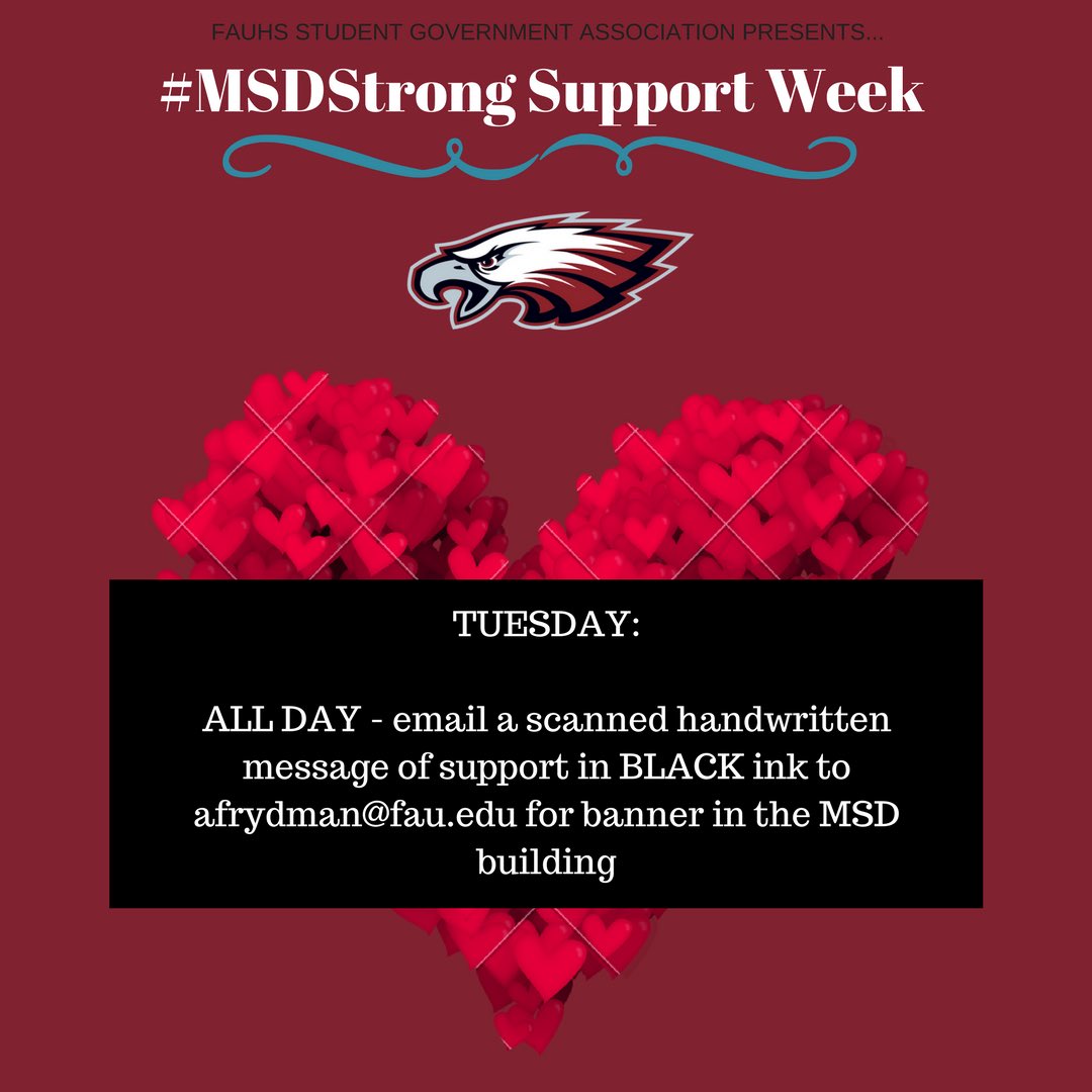 FAUHighSGA's tweet photo. Hello FAU HIGH!
It is NOT too late to show your support and email in your personal handwritten message for MSD High School❤️ #MSDStrong https://t.co/E6fpBy0Ahy