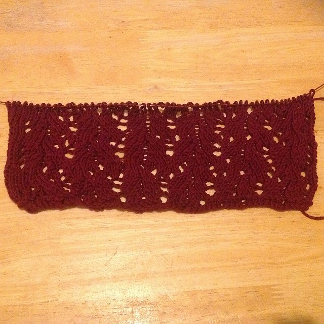 Test-knit swatch with columnar swirls. Even-sized holes give the appearance of faces here and there.