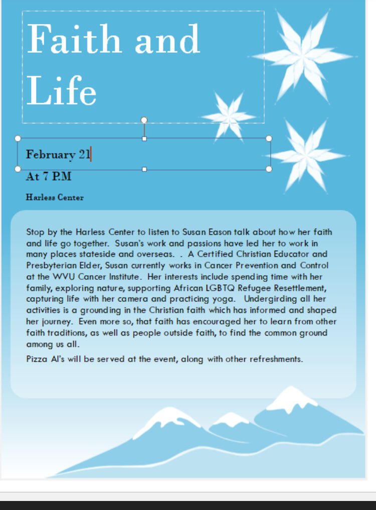 HarlessCenter's tweet image. Tomorrow! Susan Eason will be sharing her story with us and we will be serving Pizza Als