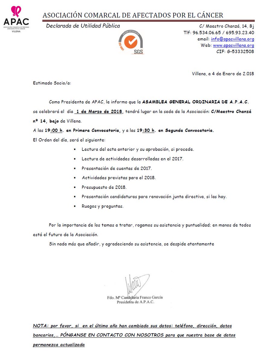 El próximo 1 de Marzo tendrá lugar la asamblea general ordinaria de APAC. Por la importancia de los temas a tratar, rogamos su asistencia, muchas gracias 😊😊😊