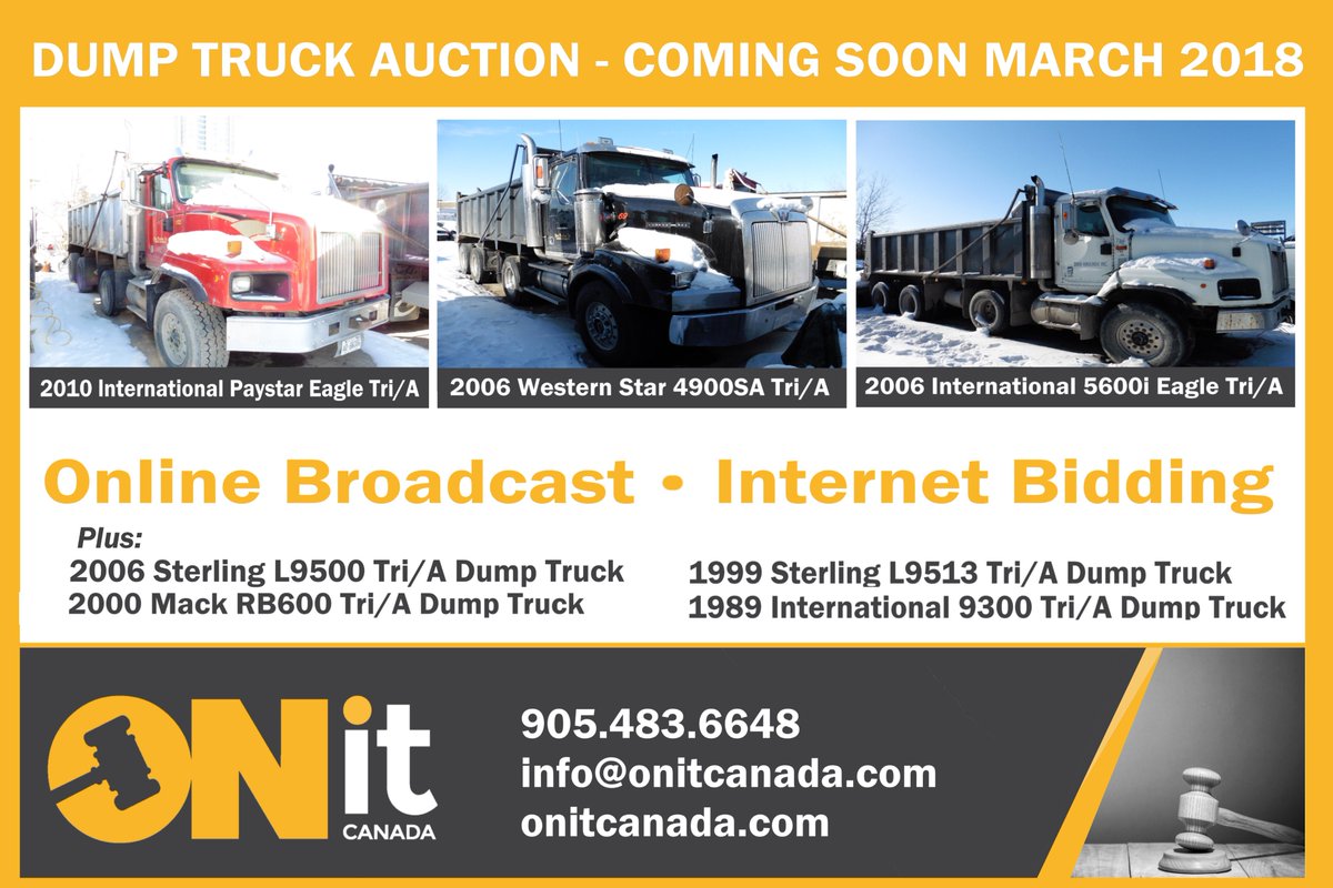 ONitCanada's tweet photo. Upcoming Dump Truck Auction - March 2018
Includes: 
2010 International Paystar Eagle Tri/A Dump Truck
2006 International 5600i Eagle Tri/A Dump Truck
2006 Western Star  4900SA Tri/A Dump Truck

#Auctions #Dumptrucks #ONitCanada #TruckAuction #Ontario

Stay tuned for details! https://t.co/GdvxUq3kNx