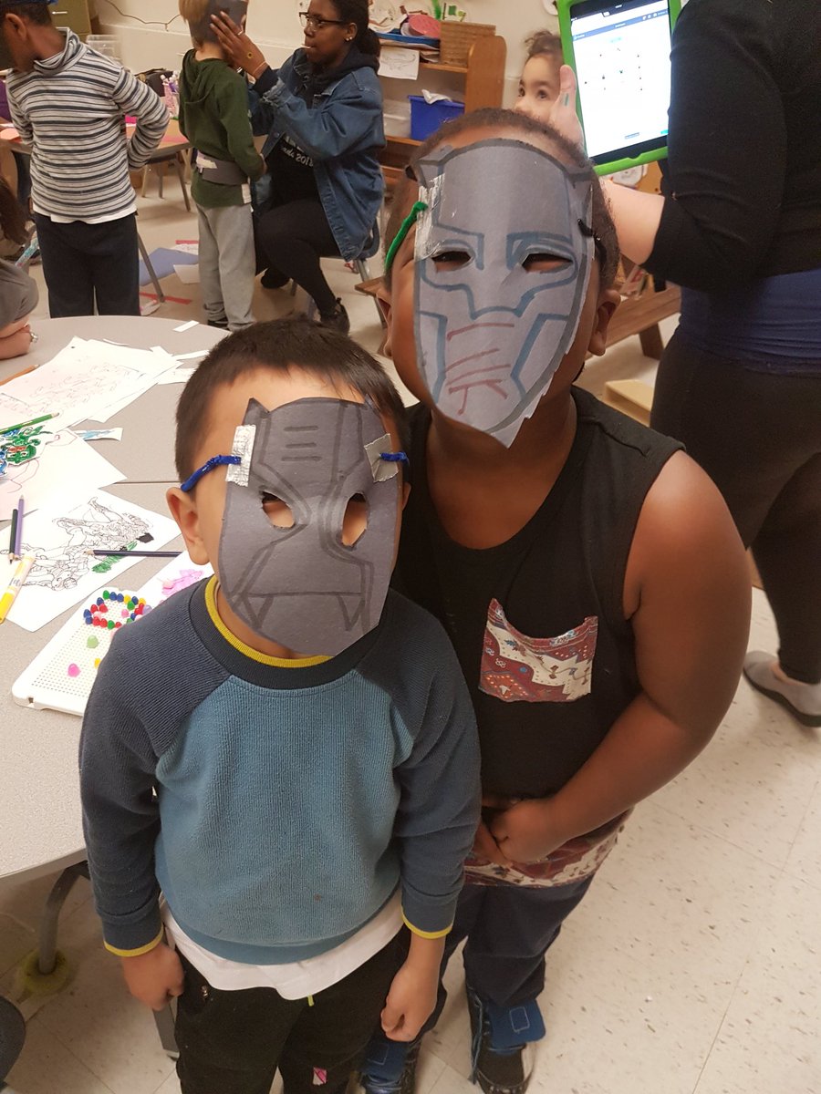 Mister_McLean's tweet photo. So the craft of choice today was Black Panther masks! We have a classroom full of T'Challas today! 😀  #StMichaelOCSB #KindergartenLife #RepresentationMatters https://t.co/2GCC7E1AOa