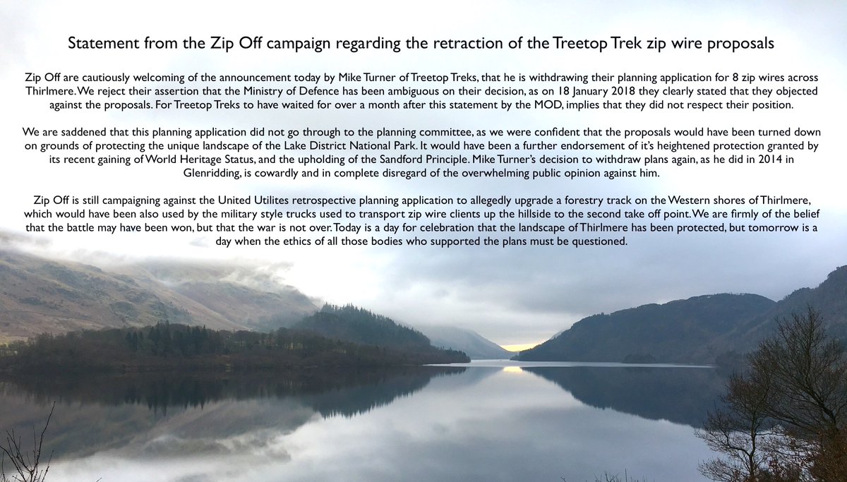 NEW PRESS RELEASE - #ZipOff statement - "...the battle may have been won, but the war is not over". Read the full statement below. #Thirlmere #ZipOff #LakeDistrict