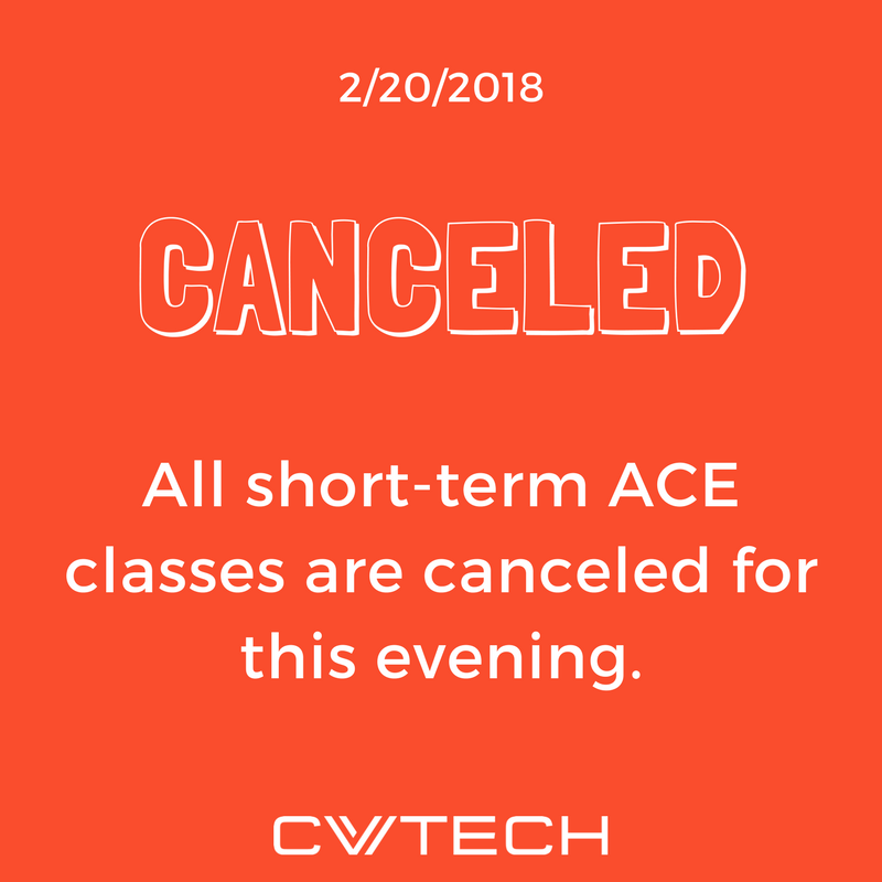 cv_tech's tweet photo. Due to deteriorating road conditions, short-term ACE classes are canceled for this evening, Tuesday, February 20. This includes all CV Tech campuses: Chickasha, Cowan and El Reno. Stay safe! https://t.co/R27XMhgzMi
