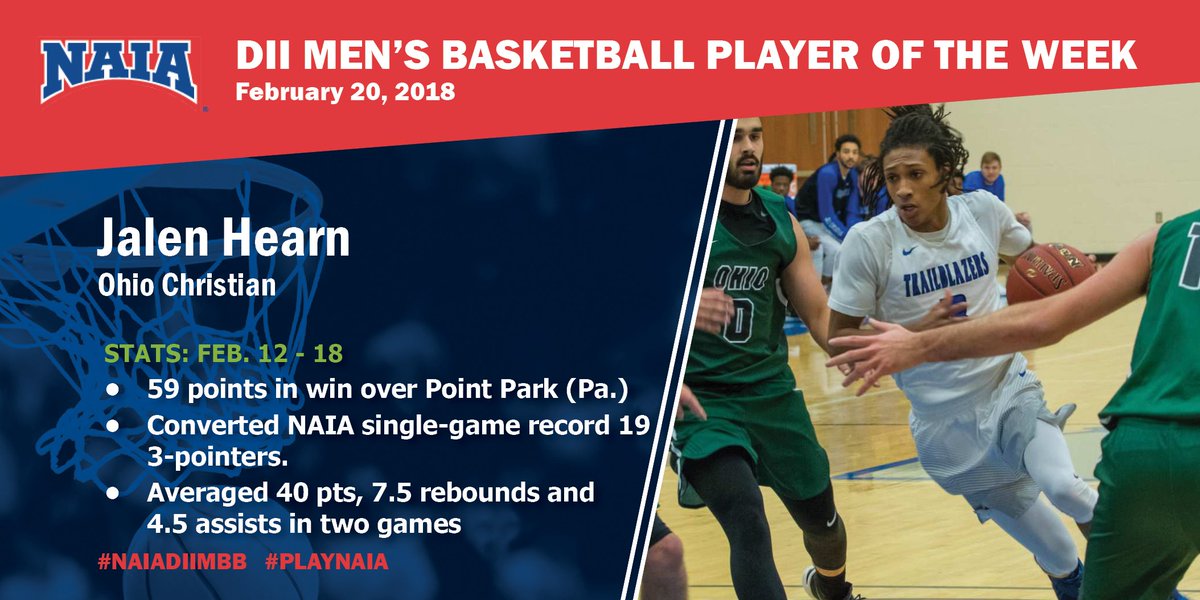 NAIA (@naia) on Twitter photo .<a href="/OCUtrailblazers/">OCU Trailblazers</a> Hearn scores 59 pts on #NAIADIIMBB record 19 3-pointers en route to National Player of the Week honors! #CollegeBasketball #PlayNAIA bit.ly/2sL8XVM .<a href="/OCUtrailblazers/">OCU Trailblazers</a> Hearn scores 59 pts on #NAIADIIMBB record 19 3-pointers en route to National Player of the Week honors! #CollegeBasketball #PlayNAIA bit.ly/2sL8XVM