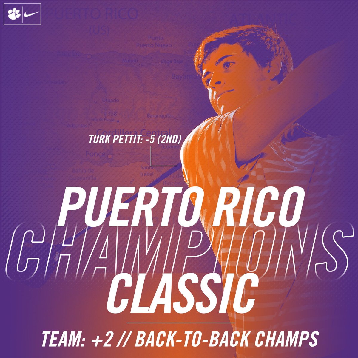 ClemsonMGolf's tweet photo. Back. To. Back.
8 shots off the lead going into the final round? No problem. #Clemson wins its second straight Puerto Rico Classic!! https://t.co/XR55LCBZpk