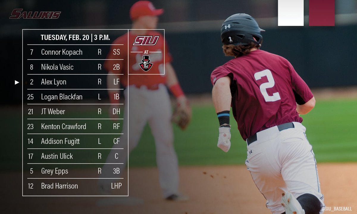 SIU_Baseball's tweet photo. Game 4

#Salukis at Austin Peay | 3 p.m.

Watch » https://t.co/7wA80k5VaR
Listen » https://t.co/HBdog0DQan
Stats » https://t.co/vC3RyCVexq https://t.co/Ed581qc1AC