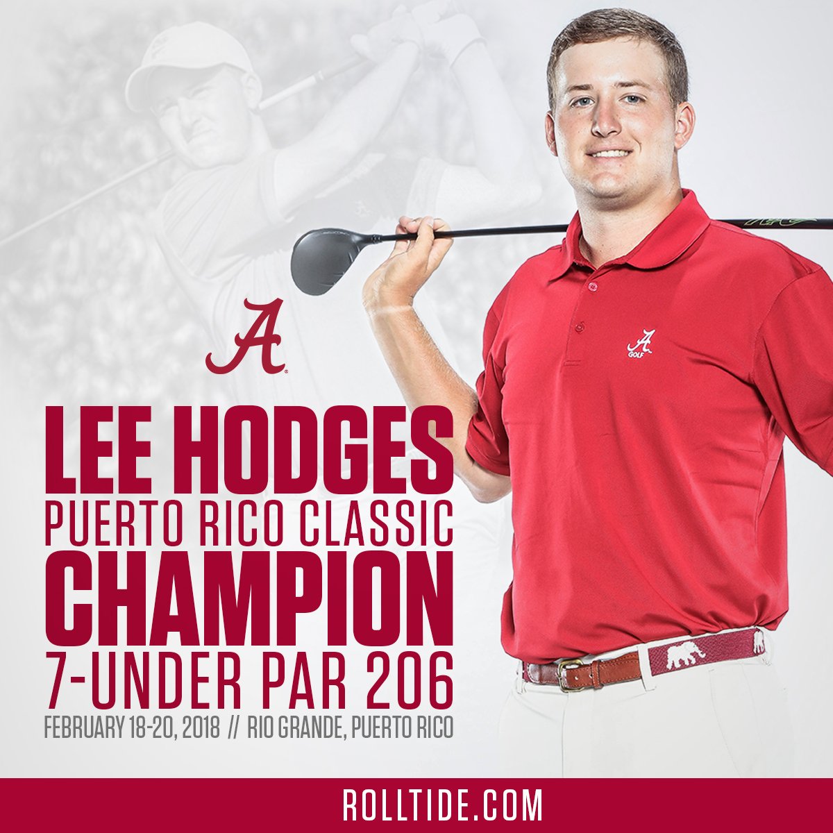 AlabamaMGolf's tweet photo. Congratulations to Lee Hodges who claimed medalist honors at the 2018 Puerto Rico Classic - his third career tournament individual title! 

#RollTide 
#BuiltByBama https://t.co/UogD3lO6sw