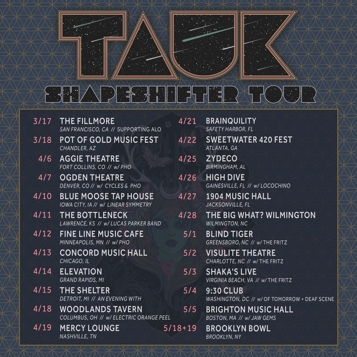 TAUKband's tweet image. We're happy to announce some of the bands that will be supporting us on select dates on our Shapeshifter Tour... welcome @PHOfunk @CyclesTheBand @LinearSymmetry  @EOPeelOfficial @bandoftomorrow @theFRITZmusic @JAWGEMS @deafscenemusic Lucas Parker band and Locochino