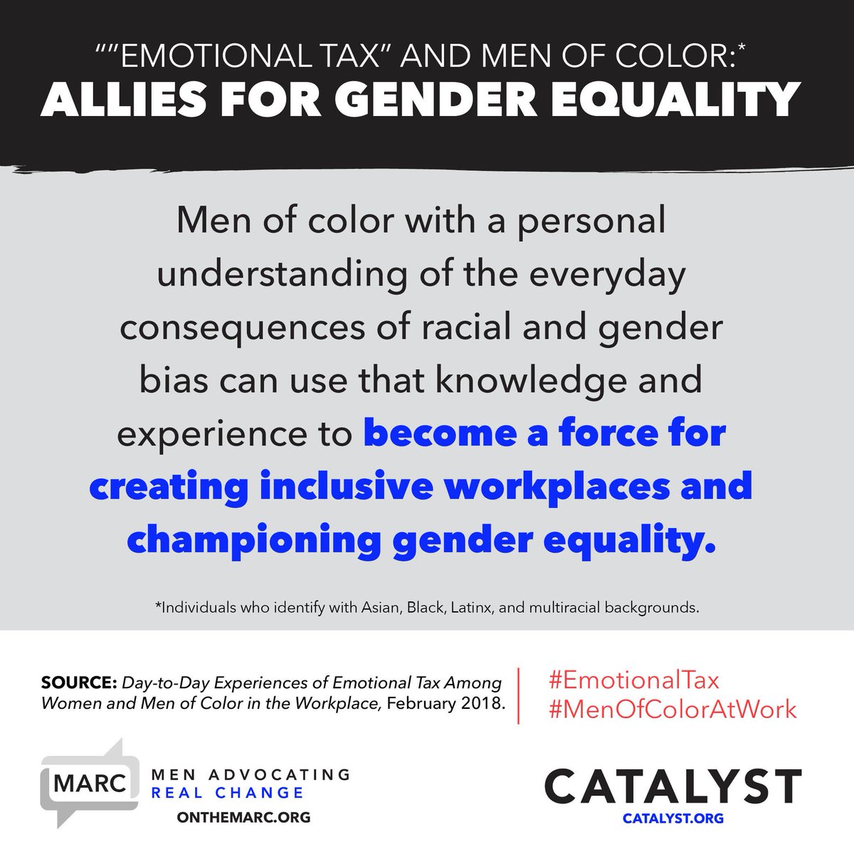 MARCmovement's tweet photo. Men of color can become a force for creating inclusive workplaces.
@CatalystInc's report on what's holding them back: https://t.co/Rgu2nNAdSQ #EmotionalTax #MenOfColorAtWork https://t.co/jRizqT4aP9