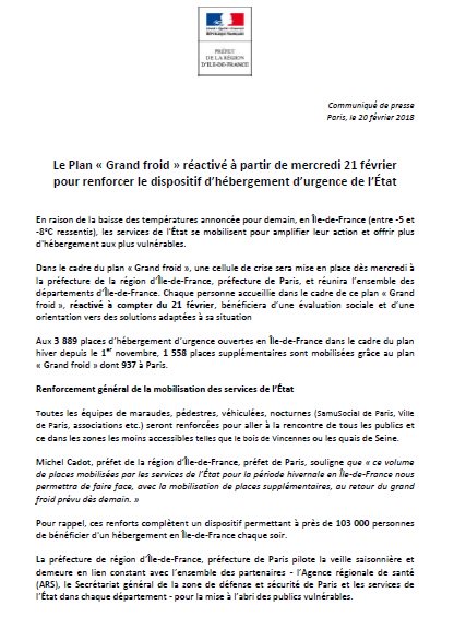 Prefet75_IDF's tweet photo. [#Communiqué] ❄️⚠️ #GrandFroid ⚠️❄️
Le Plan Grand froid est réactivé à partir de mercredi 21 février pour renforcer 
le dispositif d’ #hébergement d’urgence de l’État 

Plus d'infos ⤵️
https://t.co/yyUWtiL2Ft
#Alerte #VigilanceOrange #Météo #Logement https://t.co/SOLGvIw7aT