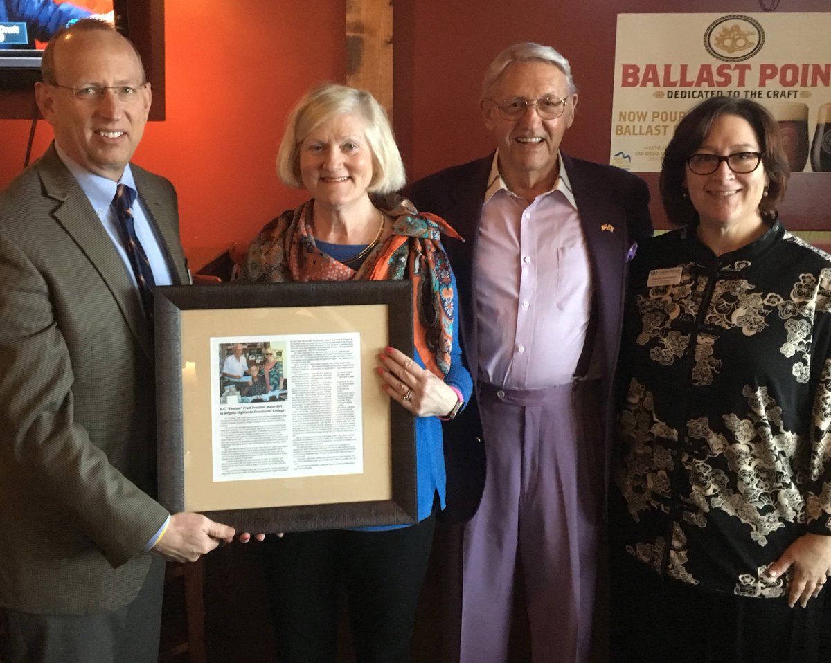 AnneDunham's tweet photo. A framed article detailing a generous contribution to VHCC by the late Footsie Pratt was recently  presented to his wife, Ann, by President Gene Couch, Laura Pennington of the VHCC Foundation, and Bobby Griffin, honorary campaign chairman..https://t.co/Cgj47f55ia https://t.co/ZrctSgUFg8