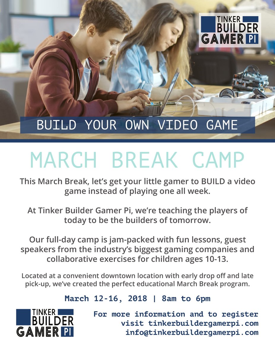 BrynaSamantha's tweet image. No March Break plans for the kids yet? Join a Video Game Design Camp for kids 10-13 from March 12-16. Downtown Toronto, before-care and after-care included! Register here: bit.ly/2FxeXCZ #videogamecoding #marchbreakcamp #TinkerBuilderGamerPi