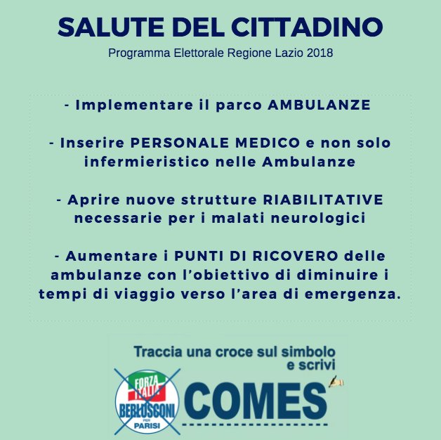 MariaLisaComes's tweet photo. Non dimentichiamo la #Salute del #cittadino.

Il #4Marzo alle #Elezioni #Regionali2018 VOTA Forza Italia 
Sulla SCHEDA VERDE scrivi COMES

Scopri di più sul mio sito ↘️ https://t.co/2MIM75a0R2 https://t.co/pZKuKJrJxH