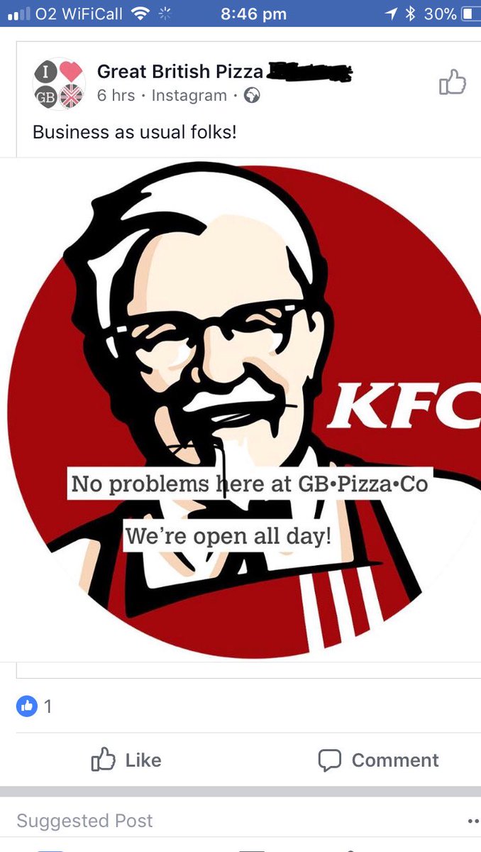 KFC’s problems provide their competitors with lots of opportunities.  Will loyal KFC customers be tempted by 🍕 instead of 🍗🍟?