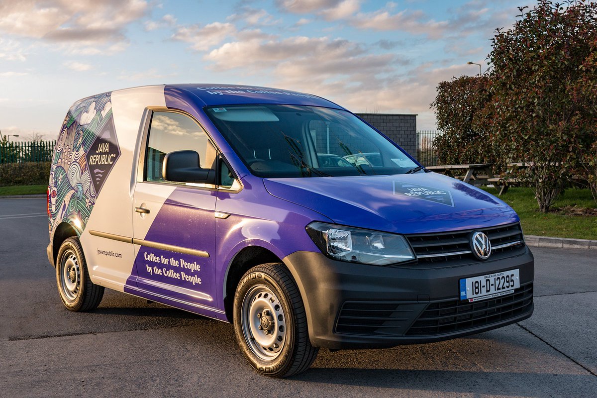 JavaRepublic's tweet photo. Purple is how we roll! Design Studio Image Now &amp; Illustrator Steve Doogan have done an amazing job with our rebranding. Our vans were wrapped by Universal Graphics. Great job guys! The vans look fantastic! :) @ImageNowGroup @doogsby @Uni_Graphics @VolkswagenIE #javarepubliccoffee https://t.co/kZxmujmERh
