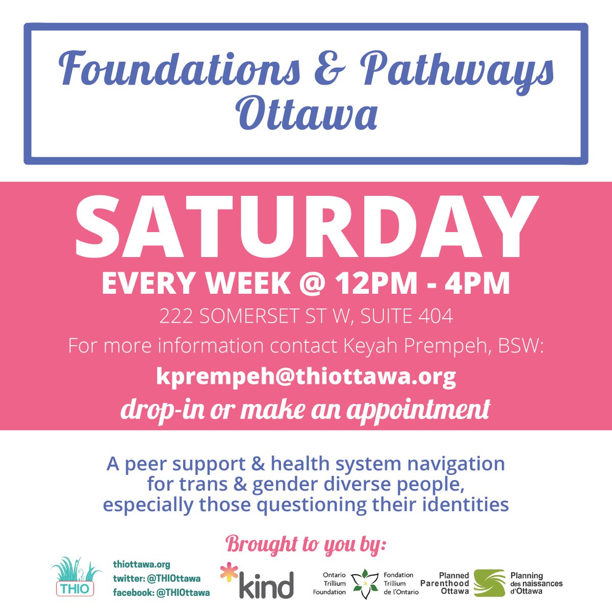 ysb_bsj's tweet photo. DYK:  Foundations &amp; Pathways Ottawa is a trans peer support and health  navigation program created by and for trans folks. 
There's a weekly drop-in at Kind Space on Saturdays 12-4pm or set up appointments at other times w Keya Prempeh. Follow them @THIOttawa https://t.co/9CkKuCBfw0