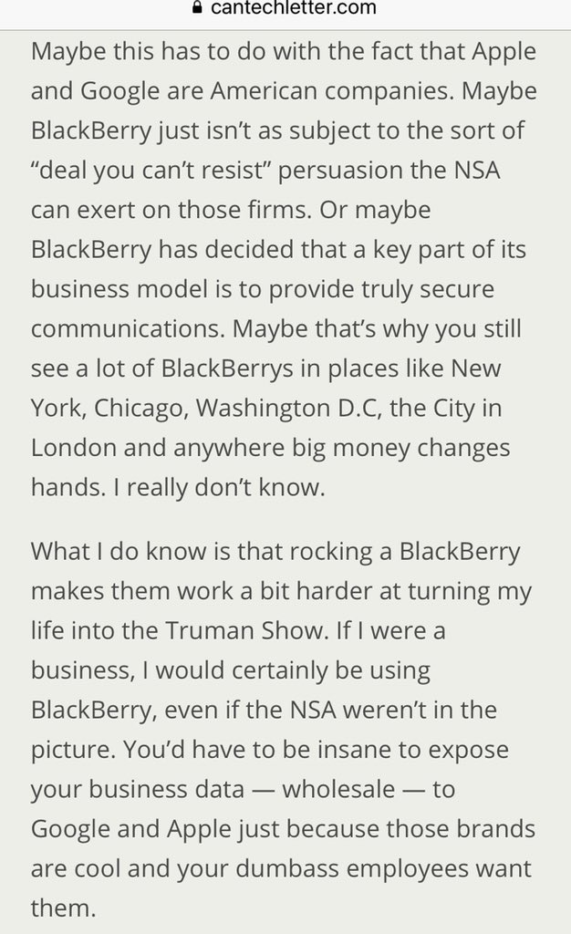 31/ Why did Blackberry fail? As a Canadian company, they were not on “home turf”.  https://www.cantechletter.com/2013/07/why-the-nsa-doesnt-want-you-to-have-a-blackberry0723/