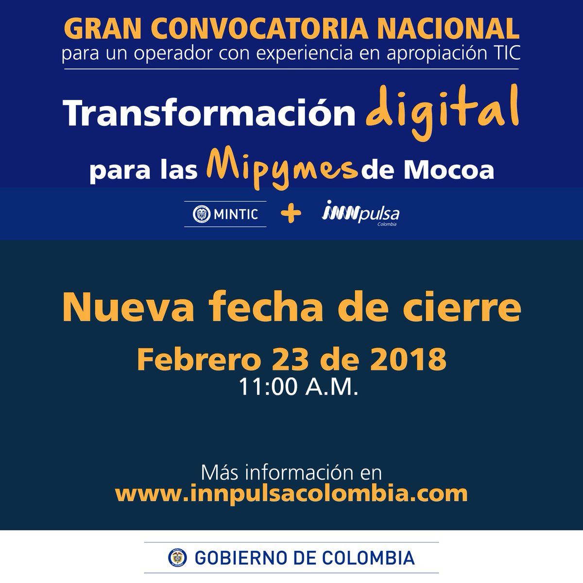 CarlosMTrivino's tweet image. RT Ministerio_TIC: ¡Ampliamos el plazo de inscripción! Participa hasta el 23 de febrero en la gran convocatoria nacional que Ministerio_TIC e InnpulsaCol tienen para seleccionar una empresa consultora en #TransformaciónDigital #TodosConMocoa → …