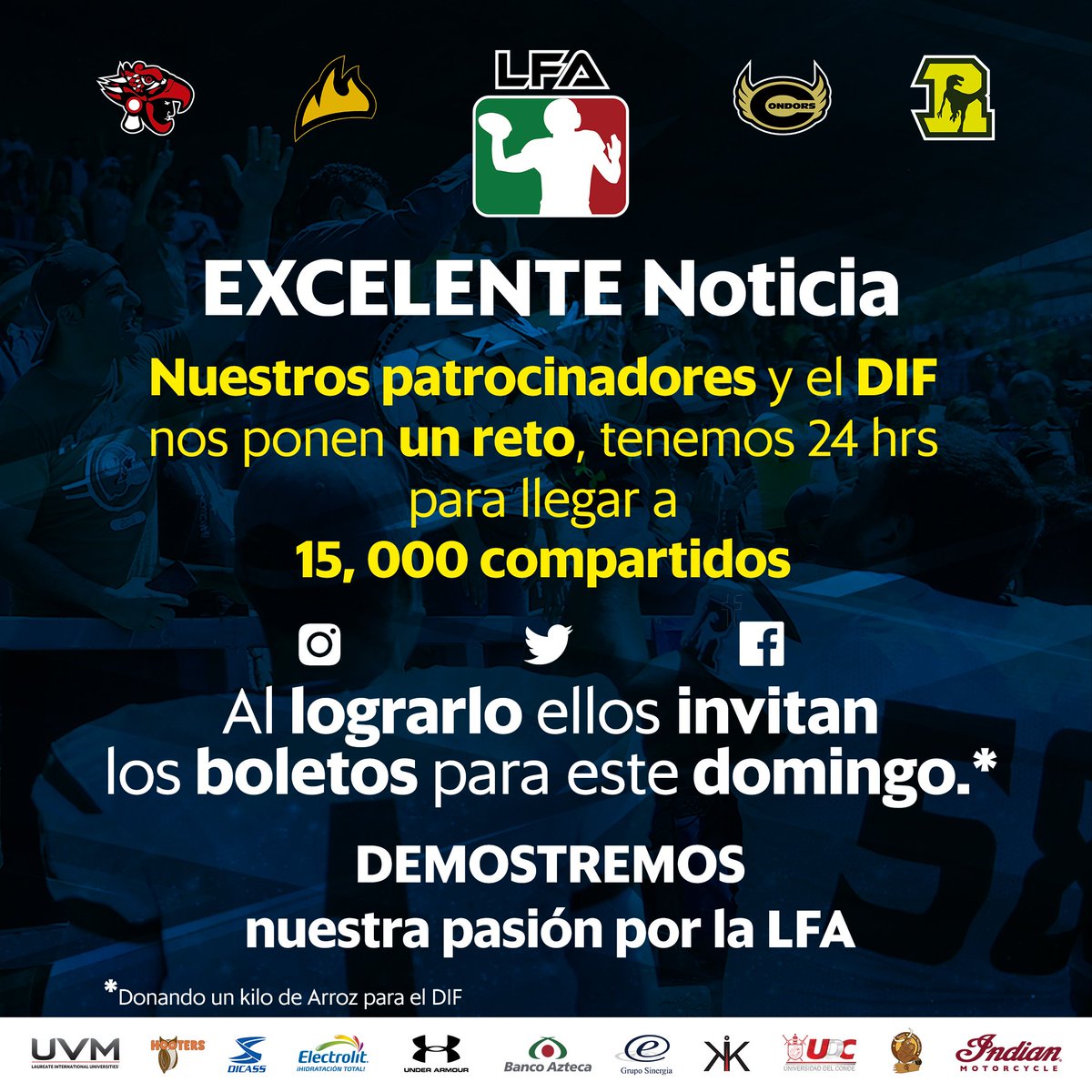 LFA_Mex's tweet photo. 🚨COMPARTE🚨
Nuevamente tenemos la oportunidad de demostrar que la familia del futbol americano nacional está unida 🙌
Necesitamos 15 mil compartidos para que nuestros patrocinadores inviten la entrada este domingo en el estadio Jesús Martínez "Palillo" 🏟️🏈 https://t.co/yxELmSomSB