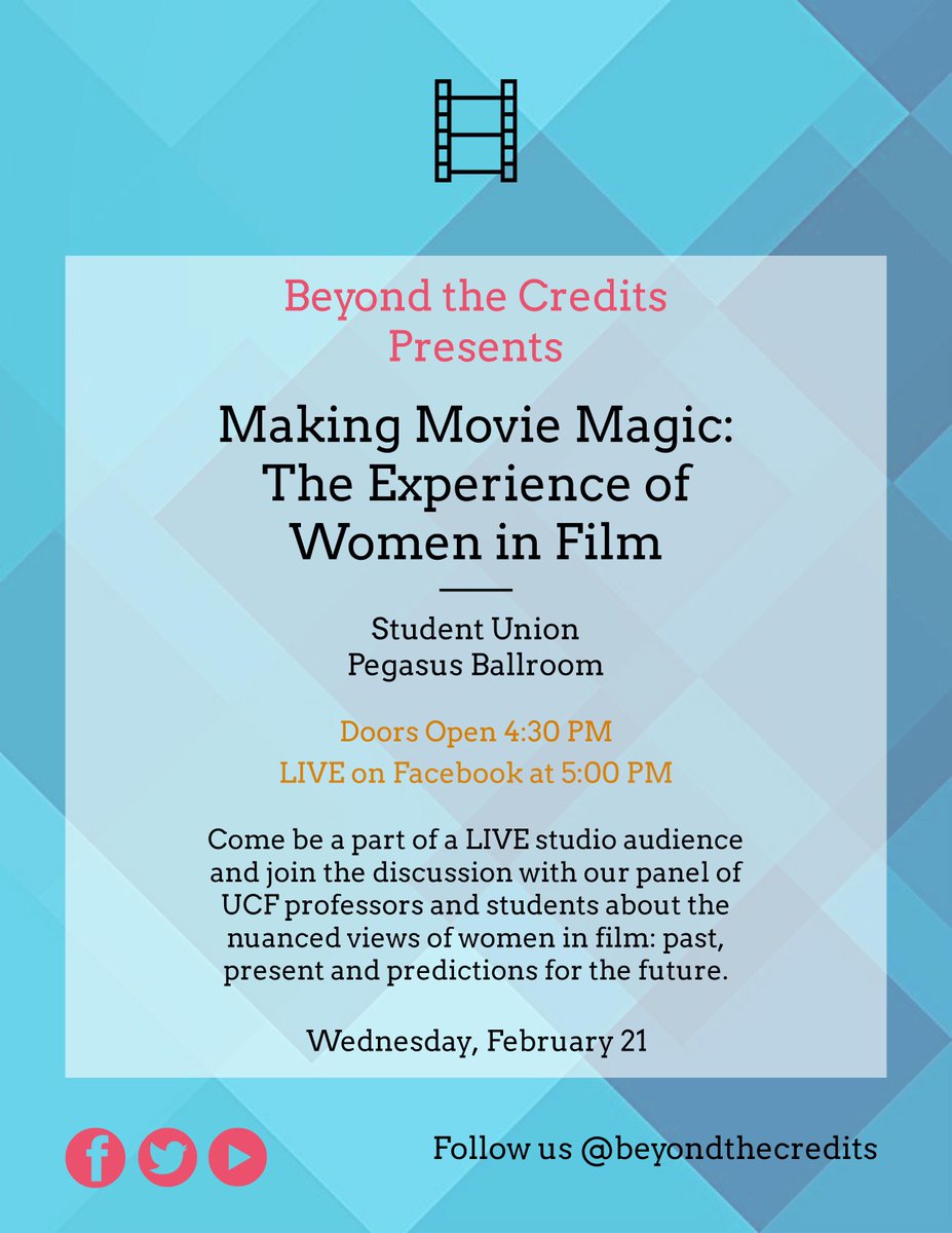UCF's tweet photo. ROLL CALL 🗣 LADIES IN FILM

The @ucfnsc and @ucfbtc is hosting a live panel on women in film tomorrow evening and you're invited!

Making Movie Magic: The Experience of Women in Film will be held on 2/21 @UCFStudentUnion Pegasus Ballroom from 5-6PM. #WomenInFilm https://t.co/oifwhtCbdu
