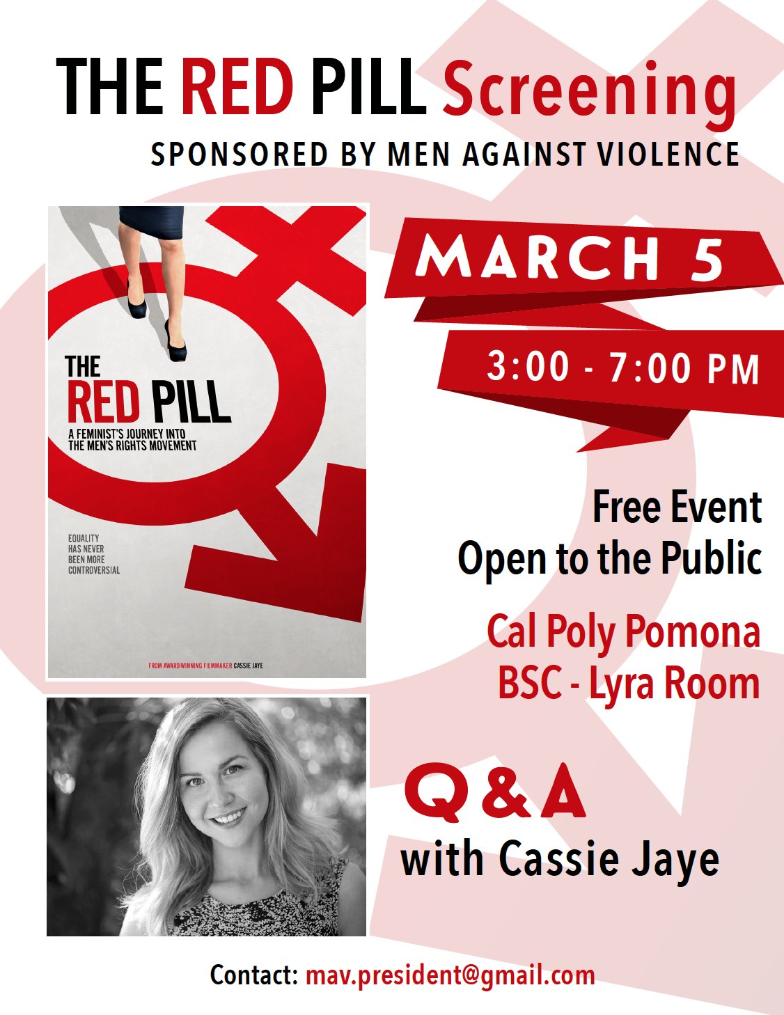 Cassie on Twitter: "If you're in Southern California, please consider attending The Red Pill screening at Cal Poly Pomona on March 5th @ be there in for a