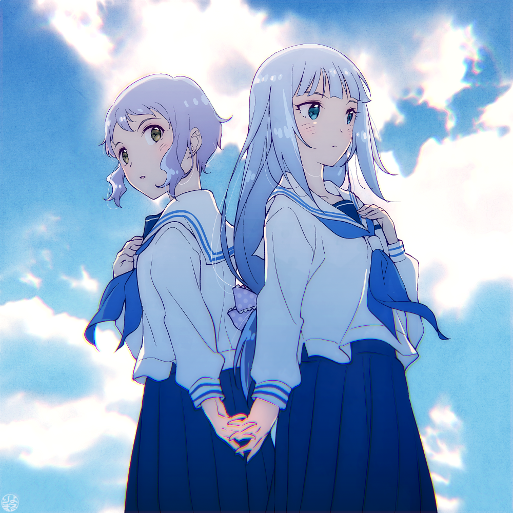 multiple girls 2girls school uniform long hair skirt short hair serafuku  illustration images