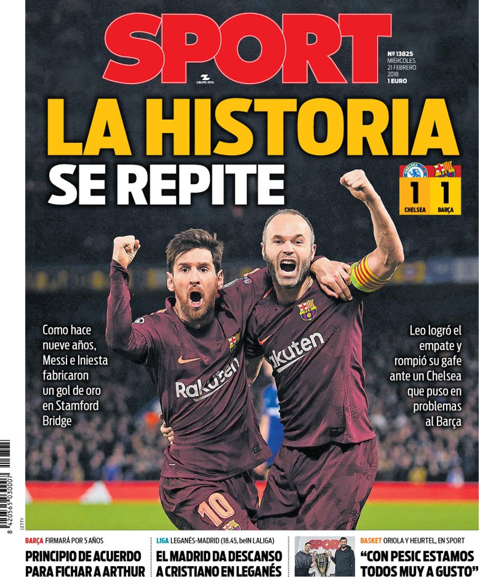 #SPORT « L'histoire se répète » Comme il y a 9 ans, Messi et Iniesta sont à l'origine du but qui vaut de l'or à Stamford Bridge. Léo a égalisé et rompu sa malédiction face à Chelsea, qui a posé des problèmes au Barça.