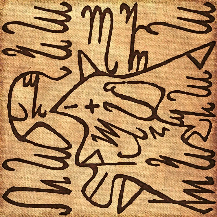 hallowtek's tweet image. Still trying to make sense of this, if anyone's got ideas.  We know there are Theban letters, and that the last example of the witch-writing had the Theban characters inverted, but that's about it.  Not sure what the minus and plus are meant to mean.  #EndemicEcho