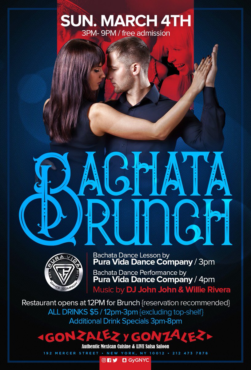 GyGnyc's tweet photo. New York City! Join us this coming March 4th, Sun for good times at Bachata Brunch! $5 Drinks until 3pm! Live DJ sets by DJ John John and Willie Rivera. Bachata dance performance and free #Bachata dance lessons by Pura Vida.

RSVP today 👉 https://t.co/bMAeWHIRa8 #nyc #newyork https://t.co/HJe2Ray40d