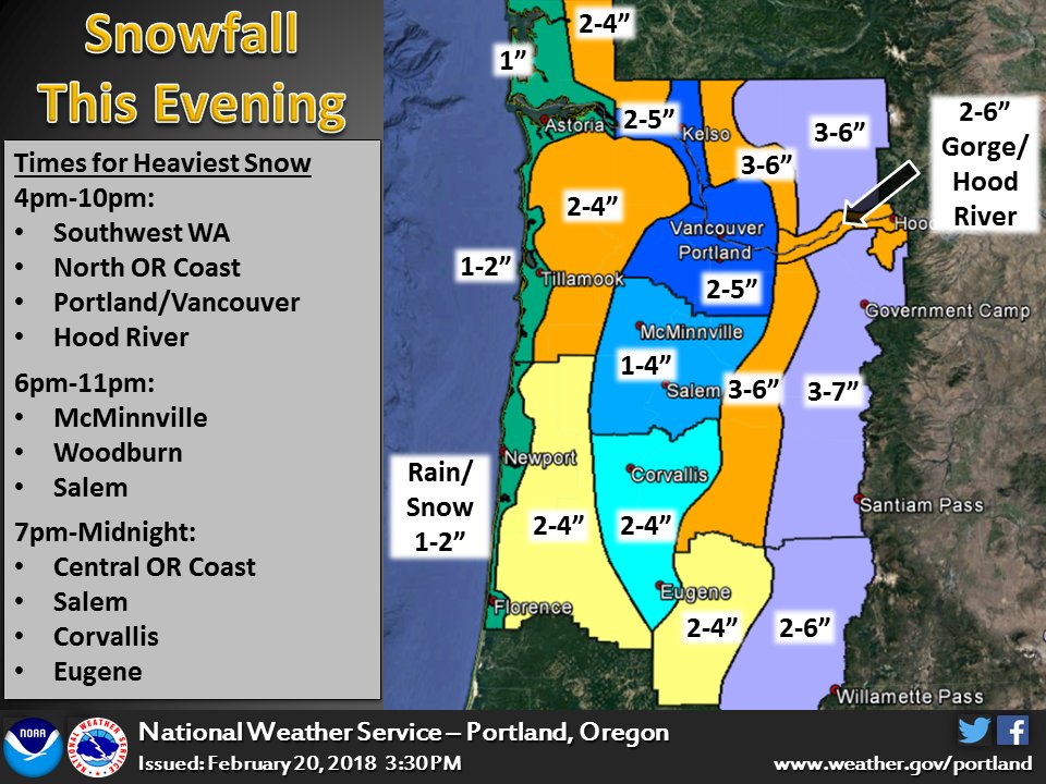 NWSPortland's tweet photo. Snowfall will increase thru the rest of the afternoon and into the evening. Updated snow totals for the evening forecast. #SnowJam2018 #orwx #wawx #pdxtst https://t.co/XtKHKWMJdB