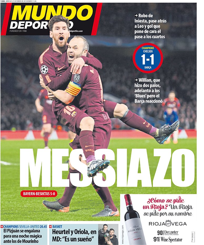 #MD « Super Messi » Récupération de Iniesta, passe en retrait pour Léo et but qui met le Barça en bonne position pour se qualifier en quarts. Willian, qui a touché 2 poteaux, avait donné l'avantage aux 'Blues' mais le Barça a réagi.