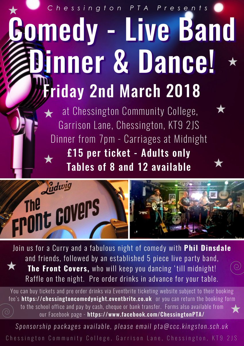 ChessingtonPta's tweet photo. WE WOULD LOVE A RE-TWEET! ONLY £15 for a Curry, Comedians, Live Band and dancing till midnight on Friday 2nd March at Chessington Community College. Email pta@ccc.kingston.sch.uk if you need any more info or booking form.  Singles, doubles, date nights, groups - all welcome! https://t.co/mSeUhzE8E2