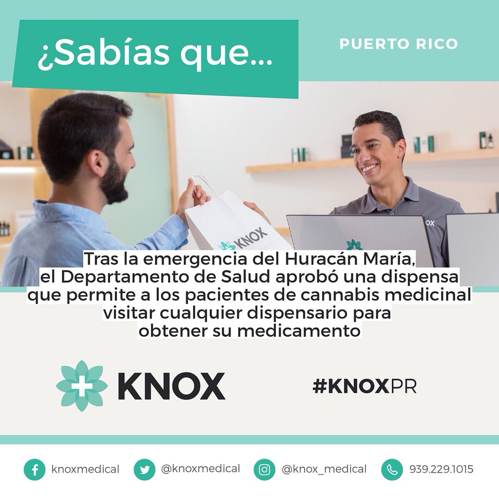 fluentcannabis's tweet photo. Patients living in Puerto Rico or visiting stop by KNOX dispensary, we are open 7 days a week. #knoxpr #knoxmedical #medicalcannabis #cannabiscommunity #CannabisMedicinal https://t.co/N7LrCpdB6q