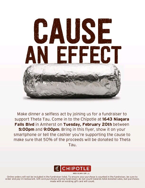 ThetaTauUB's tweet photo. Still an hour left, go grab some Chipotle for dinner! Or second dinner!! https://t.co/5OS8pId8l5