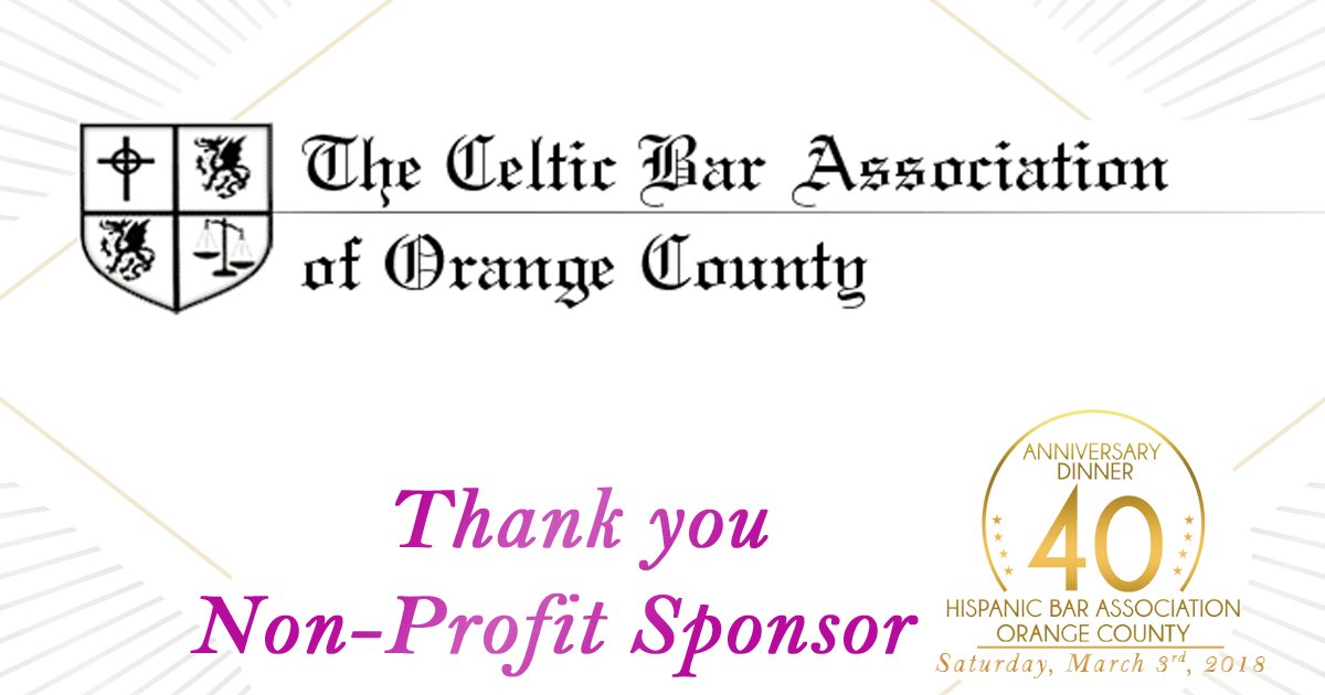 OC_HBA's tweet photo. Thank you Celtic Bar Association of Orange County for sponsoring the OCHBA's 40th Annual Scholarship Fundraiser & Installation Dinner on March 3 at @IrvineMarriott. We are so proud to have your support! #oclegal #legalnetworking #ocevent #OCHBADinner #40thDinner #oclegalcares https://t.co/ZxbhCtnLbC