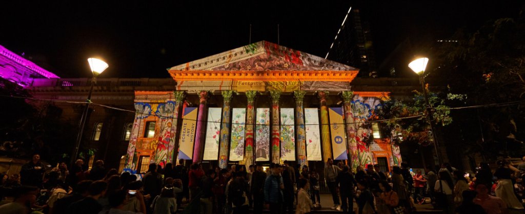 redbubble's tweet photo. Weren’t able to make it to Melbourne to check out #CreateArtHistory at White Night Melbourne? No need to stress, we’ve captured the action right here » https://t.co/5k0KYVW7zk @Library_Vic 🙌 https://t.co/dGUuW8XVNn