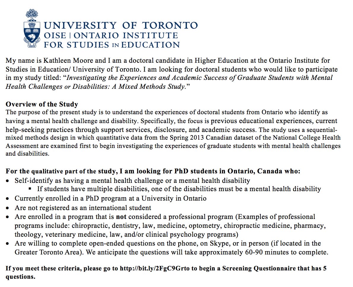 _KathleenClarke's tweet photo. Shout out to @BrockGradStudy for retweeting my study! Your turn @BrockUFOSS @BrockUHealth @ASaferBrock @TheBrockPress @BrockSLCE @BrockEducation @BrockGSA @Learning_Skills.Screener: https://t.co/j5G9xEDm49 Looking for Ontario PhD students with a mental health challenge/disability https://t.co/Q2GHvlhPNw