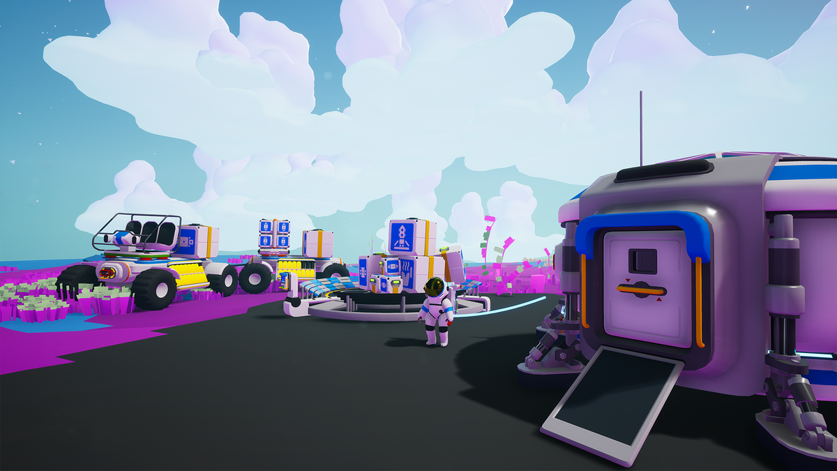 Astroneer at their base with packed base module boxes behind them
