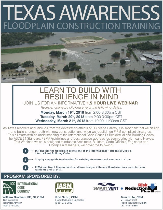 Contact me to Register for the Free Educational @IntlCodeCouncil Webinar “Learn to Build with Resilience in Mind - Floodplain Construction Training” Protect Cities with Resilient Structures!
@SmartVentNJ  @TXBuildersHomes @RebuildTXtoday @hbaaustin @AIAFortWorth @houstonbuilders
