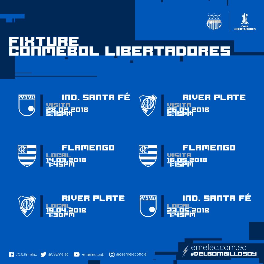 CSEmelec's tweet photo. Finalizada la ronda de repechaje así queda el grupo de #Emelec para la #ConmebolLibertadores #DelBombilloSoy⚡️⚽️ https://t.co/cV5p8nWzp5