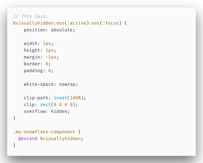 I had no idea you could chain pseudo-selectors off of Sass placeholder elements! Supremely handy in the<a href="/tag/blessed"class="tags"><span>#blessed</span></a>