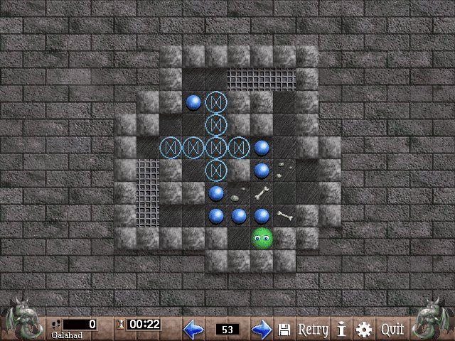 A Sokoban puzzle named "Galahad" with a mediaeval design.