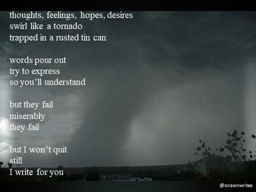 OceanWrites's tweet photo. like a tornado in a tin can
#amwriting  #iwrite4u # https://t.co/ZwNDITJPM9