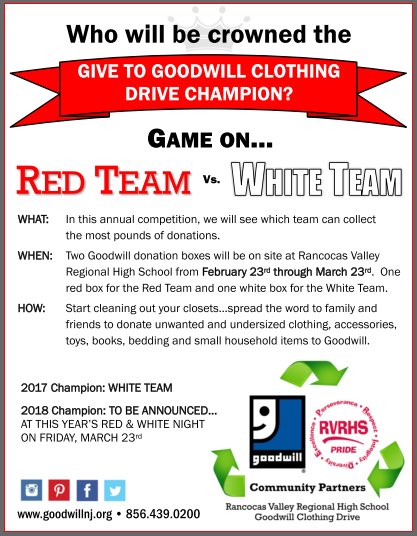 ‼️Red and White Night Goodwill Clothing Drive Begins Friday‼️Team with the most belongings in pounds will be awarded a point‼️ Tell you friends, family, and neighbors and start to get your spare clothes togther to donate for a great cause🔴⚪️ #rawn2k18