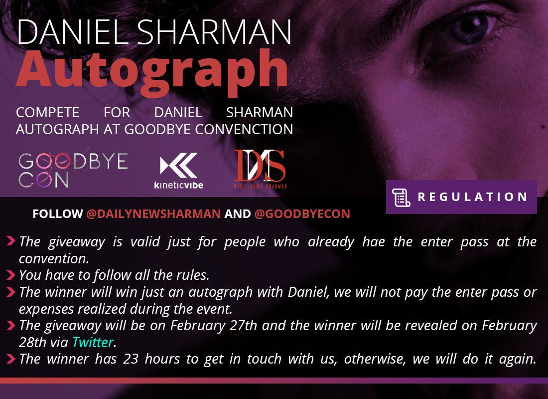 dsharmanews's tweet photo. If you are going to @GoodbyeCon this is your chance to win an autograph of Daniel Sharman! 

Follow all the rules on the banner and RT this tweet. Good luck Sharmaniacs ♥️ https://t.co/0lwtybNTMu https://t.co/91Va8Lpm51